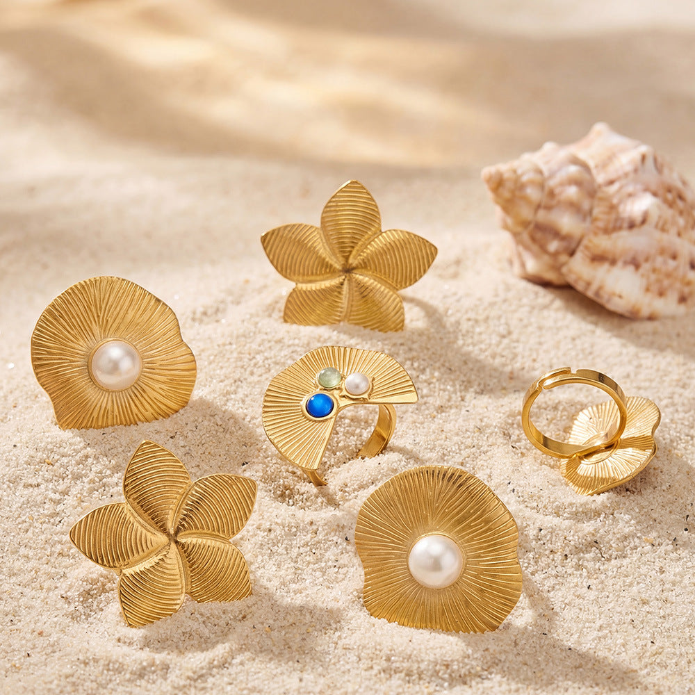 18K Gold Plated Stainless Steel Star Ring with Lotus Petal Design and Cultured Pearl Colorful Gemstone Fashion Wedding Band