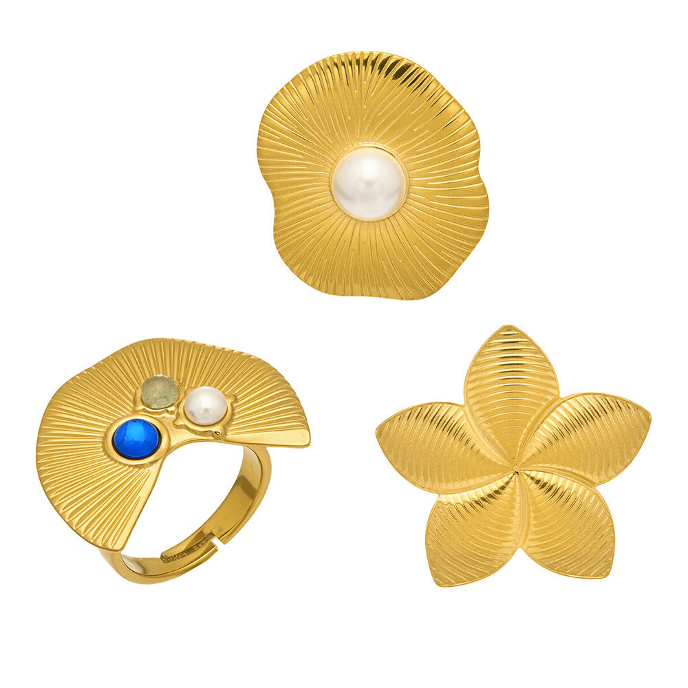 18K Gold Plated Stainless Steel Star Ring with Lotus Petal Design and Cultured Pearl Colorful Gemstone Fashion Wedding Band