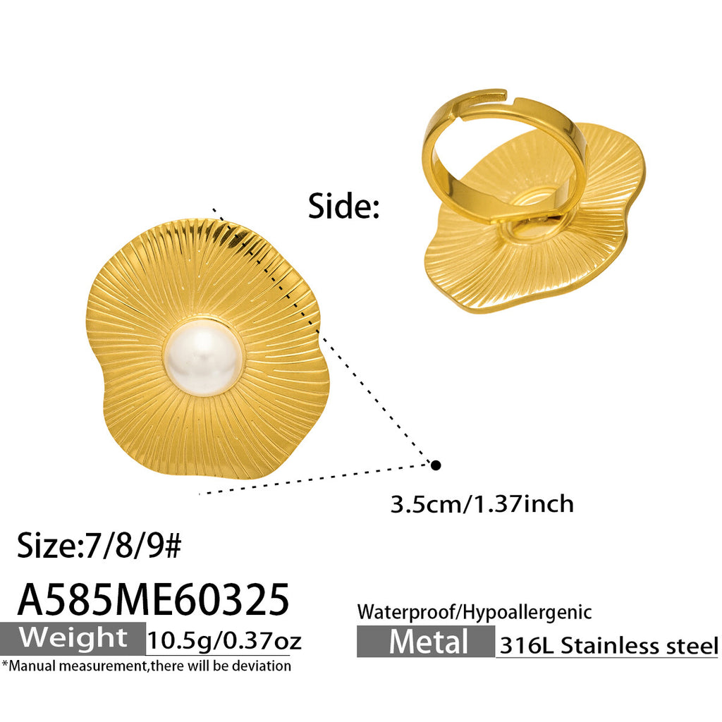 18K Gold Plated Stainless Steel Star Ring with Lotus Petal Design and Cultured Pearl Colorful Gemstone Fashion Wedding Band
