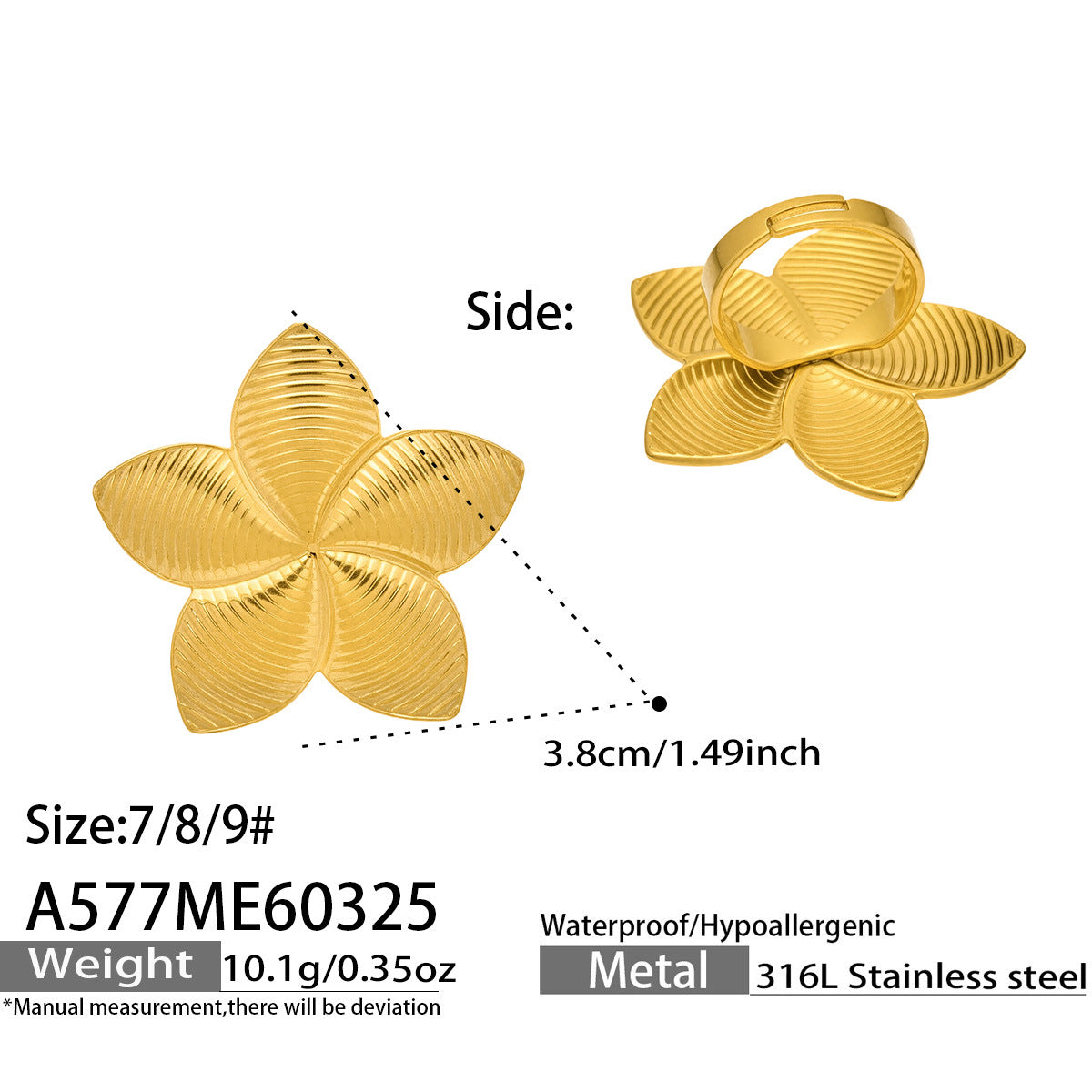 18K Gold Plated Stainless Steel Star Ring with Lotus Petal Design and Cultured Pearl Colorful Gemstone Fashion Wedding Band