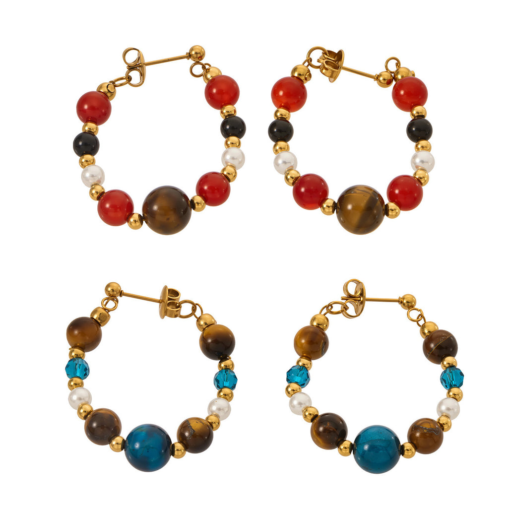 Mili New Chinese Style Stainless Steel Natural Stone Imitation Pearl 18K Gold Beaded Earrings Women's Vintage Elegant