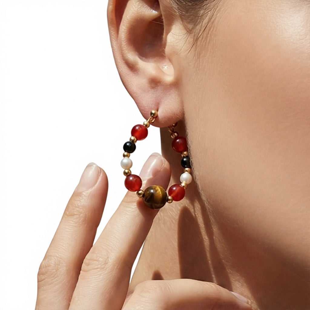 Mili New Chinese Style Stainless Steel Natural Stone Imitation Pearl 18K Gold Beaded Earrings Women's Vintage Elegant