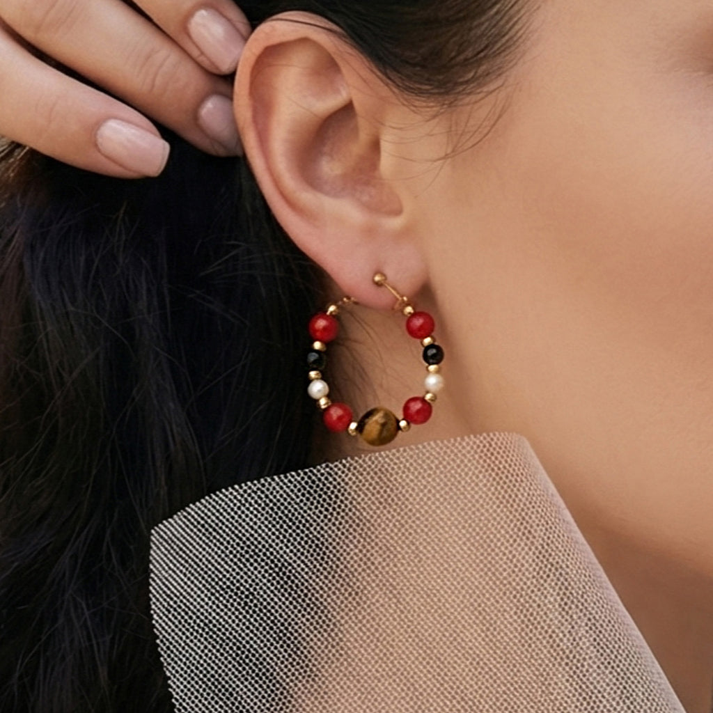 Mili New Chinese Style Stainless Steel Natural Stone Imitation Pearl 18K Gold Beaded Earrings Women's Vintage Elegant