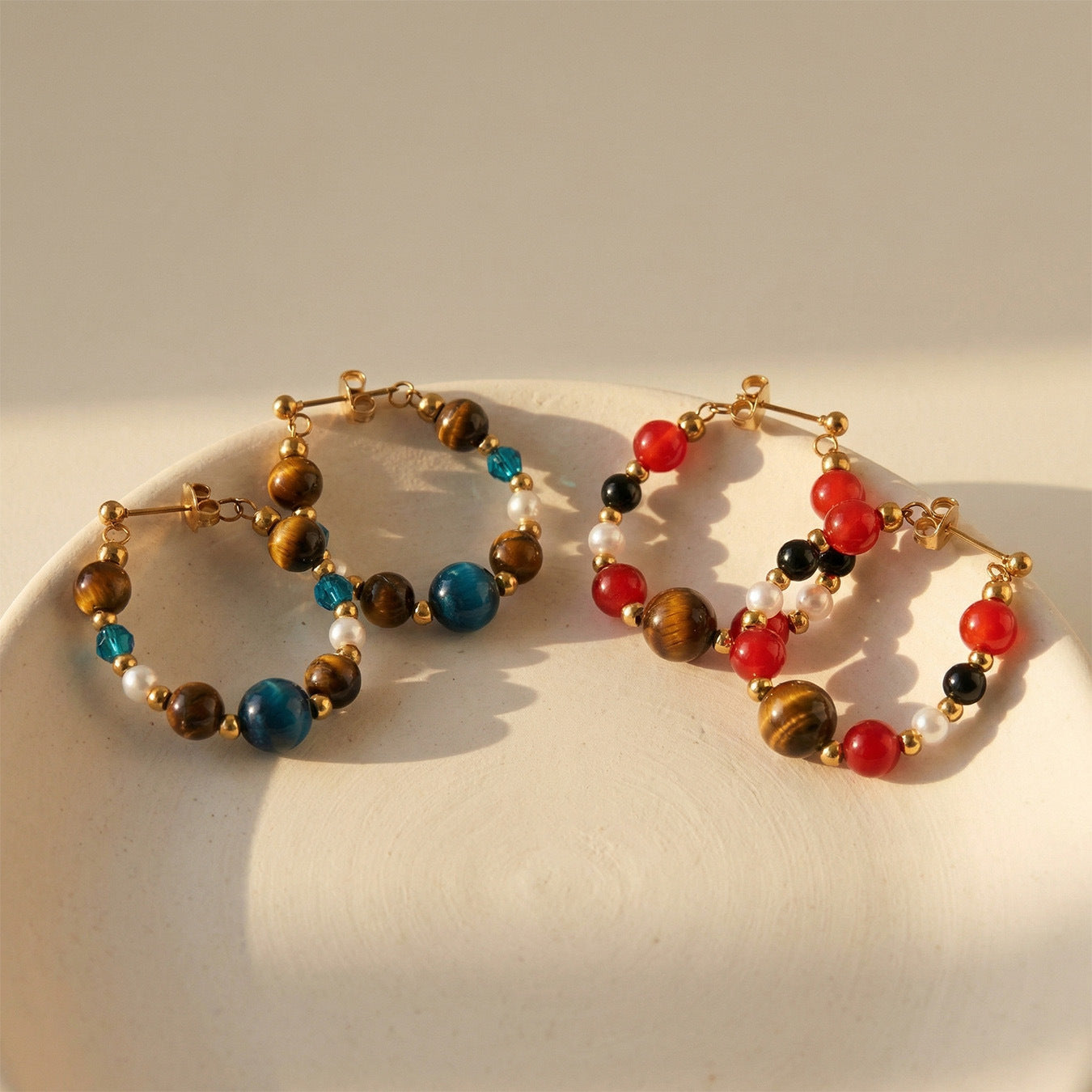 Mili New Chinese Style Stainless Steel Natural Stone Imitation Pearl 18K Gold Beaded Earrings Women's Vintage Elegant