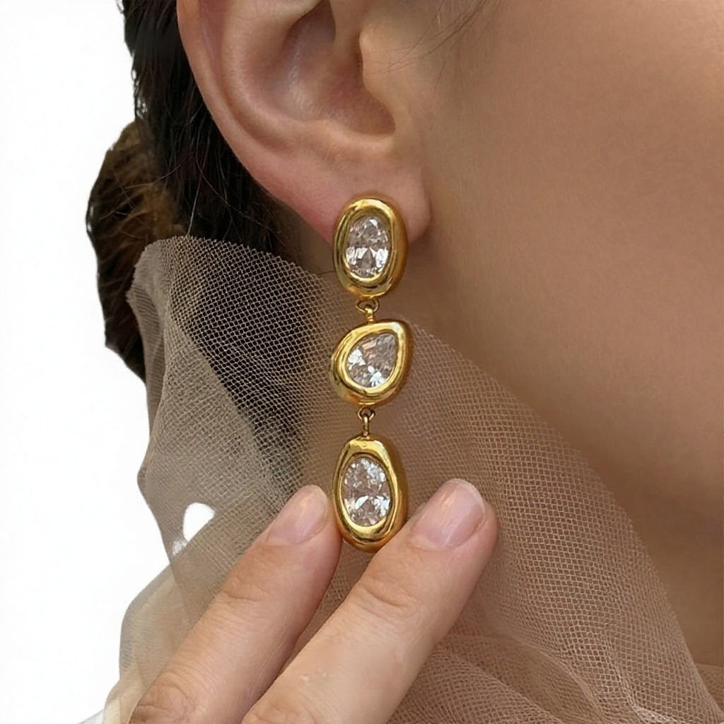 18K Gold Plated Stainless Steel 5A Zircon Earrings French Luxury Long Drop Dangle Earring Jewelry
