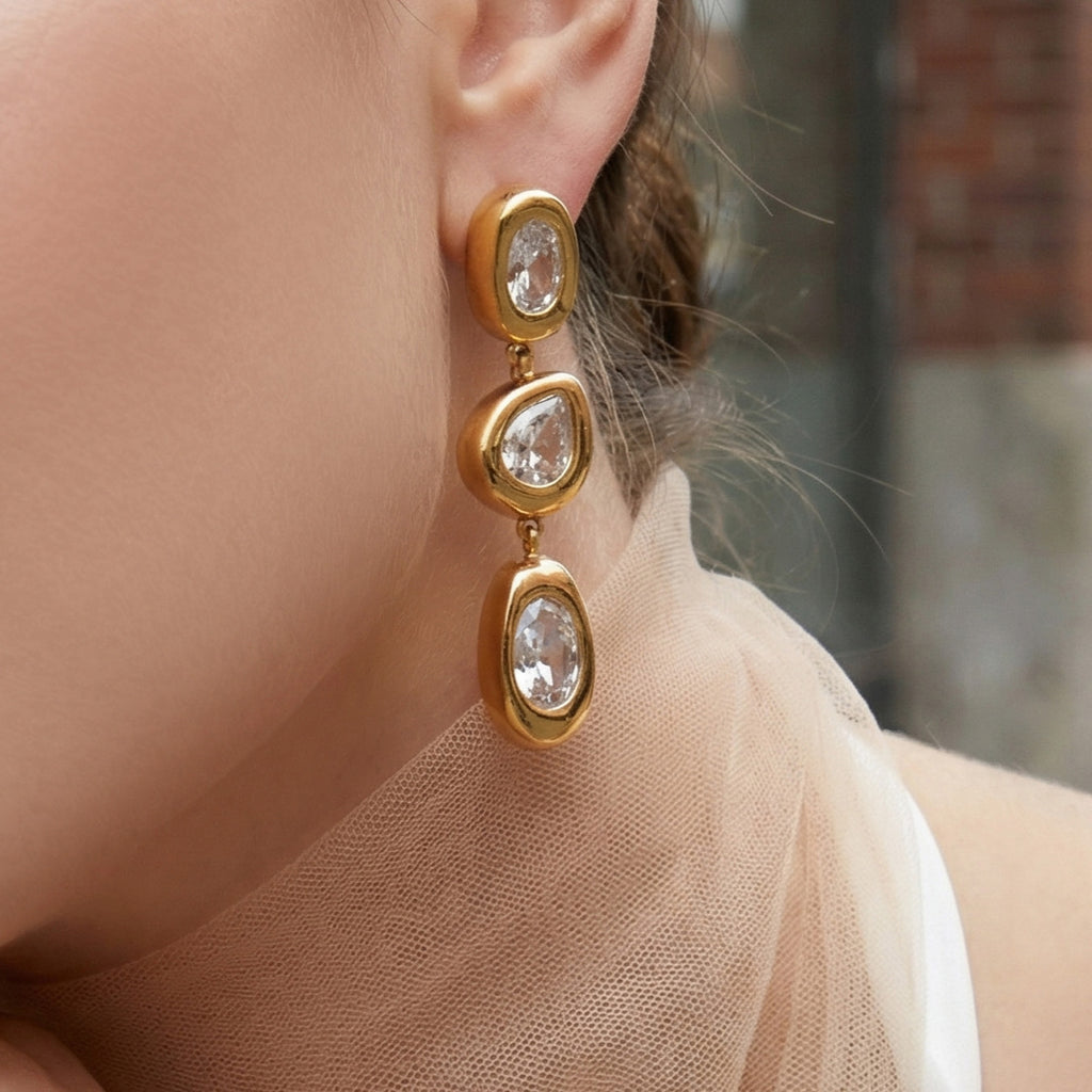 18K Gold Plated Stainless Steel 5A Zircon Earrings French Luxury Long Drop Dangle Earring Jewelry