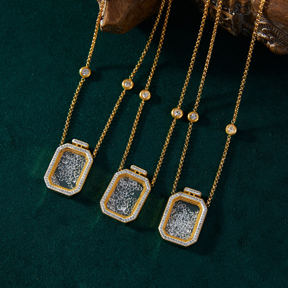 New Box Inset Rhinestone Pendant Stainless Steel Clavicle Chain Sweet Everything Design Light Luxury Sense Necklace Wholesale
