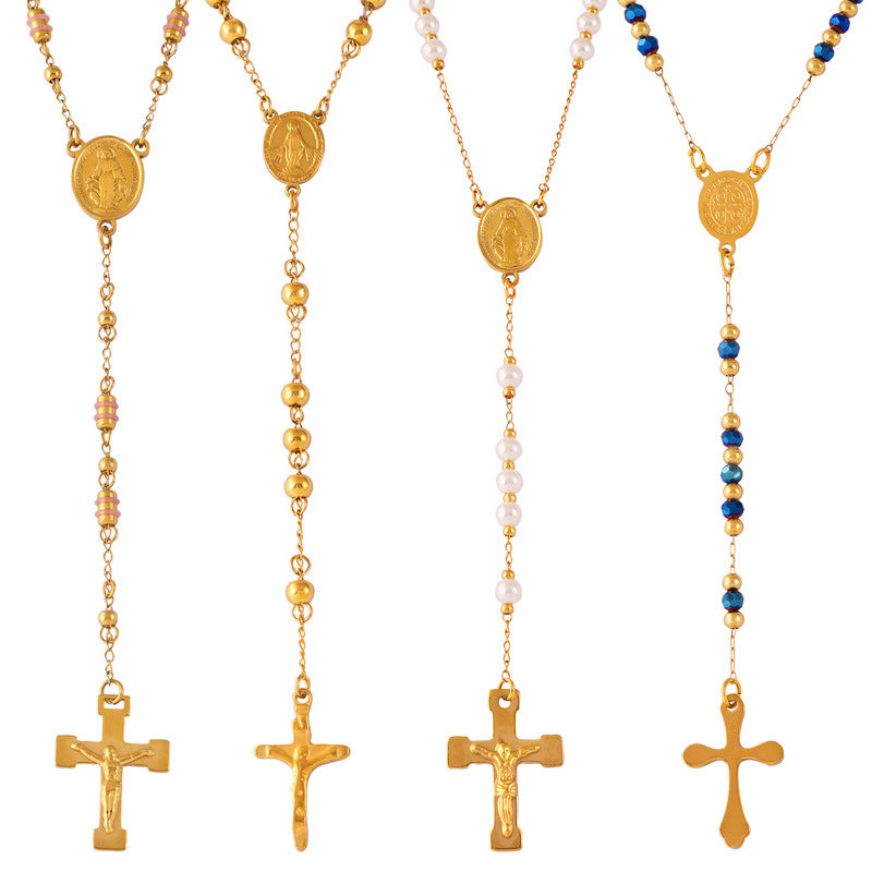 Retro Personality Hip Hop Niche Necklace Embossed Round Brand Fringe Cross Pendant Stainless Steel Gold Plated Jewelry