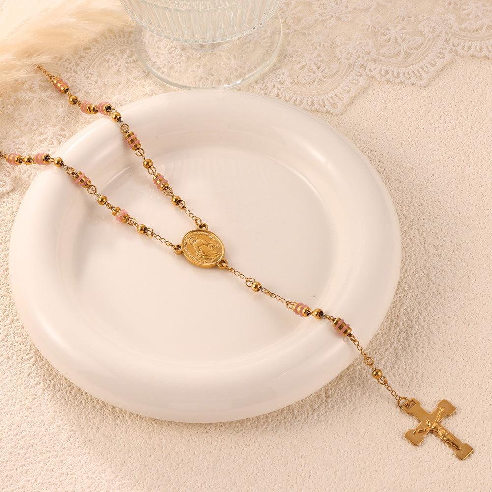 Retro Personality Hip Hop Niche Necklace Embossed Round Brand Fringe Cross Pendant Stainless Steel Gold Plated Jewelry