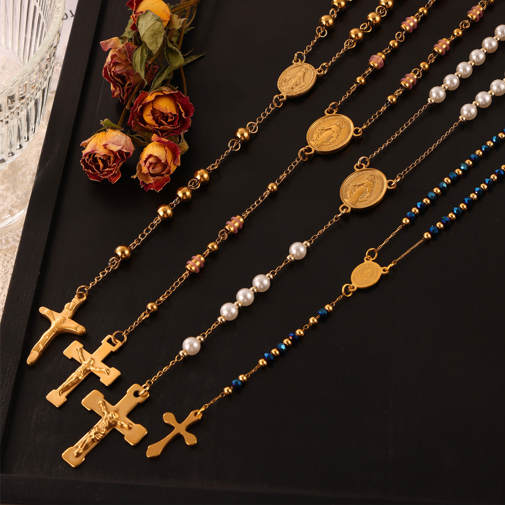 Retro Personality Hip Hop Niche Necklace Embossed Round Brand Fringe Cross Pendant Stainless Steel Gold Plated Jewelry