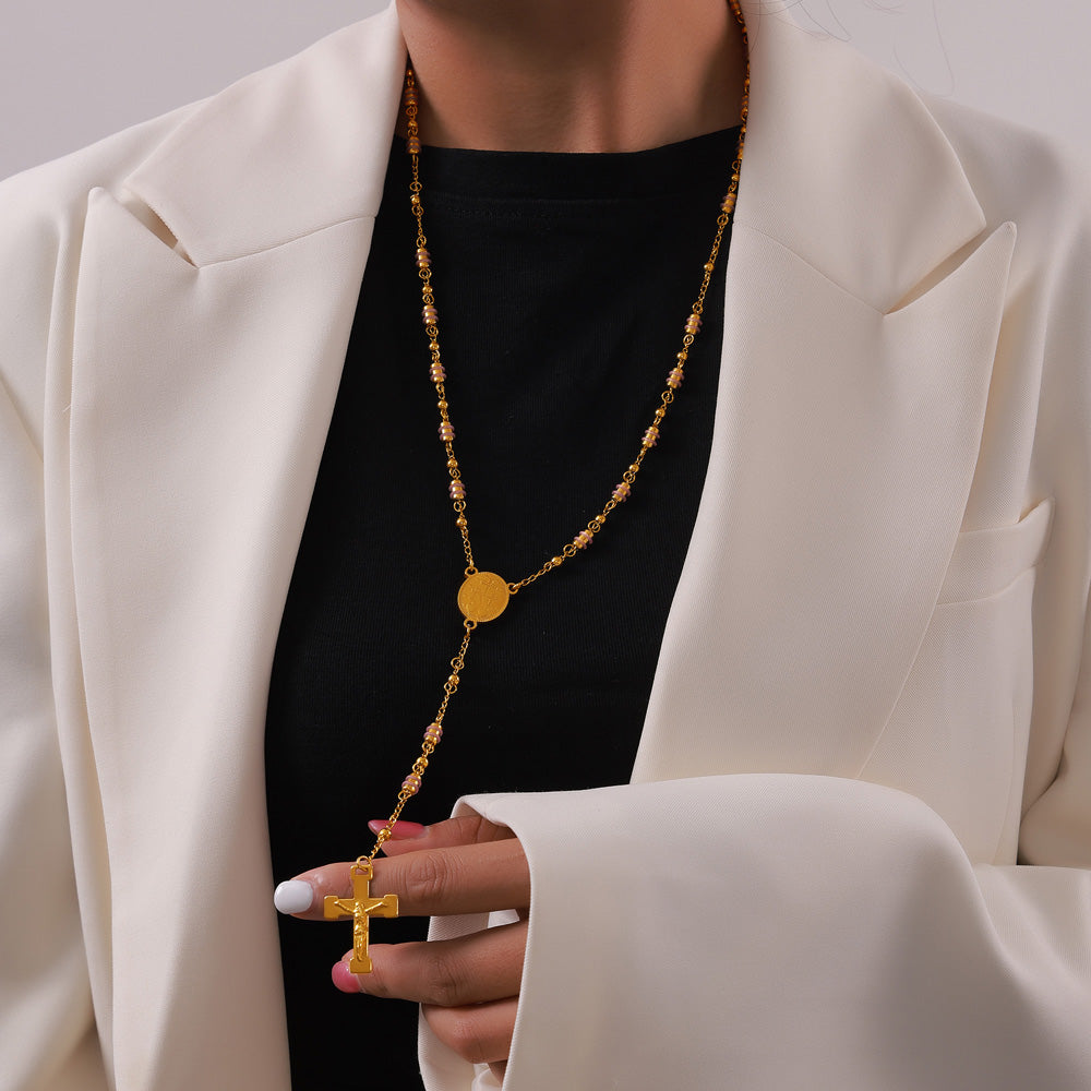 Retro Personality Hip Hop Niche Necklace Embossed Round Brand Fringe Cross Pendant Stainless Steel Gold Plated Jewelry