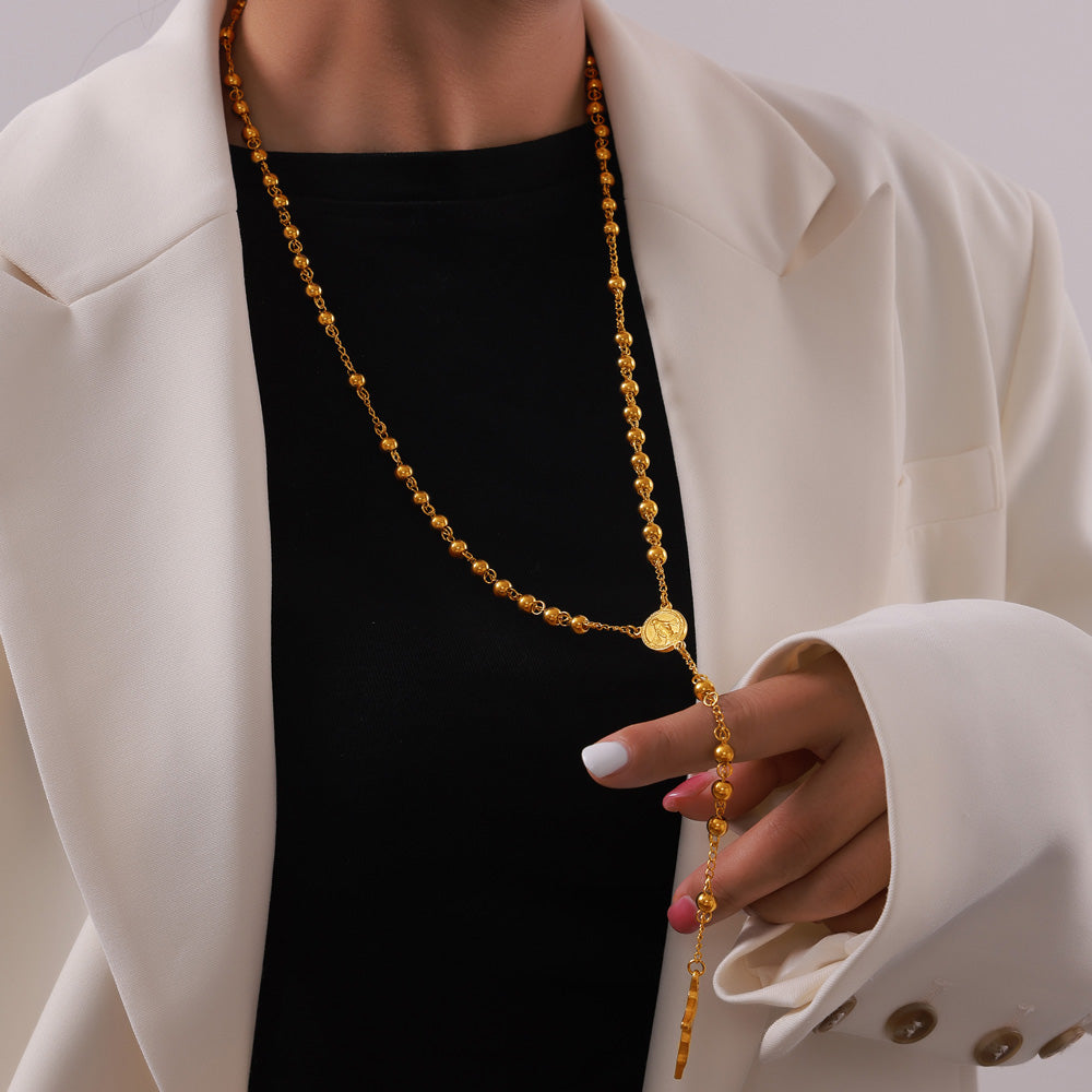 Retro Personality Hip Hop Niche Necklace Embossed Round Brand Fringe Cross Pendant Stainless Steel Gold Plated Jewelry