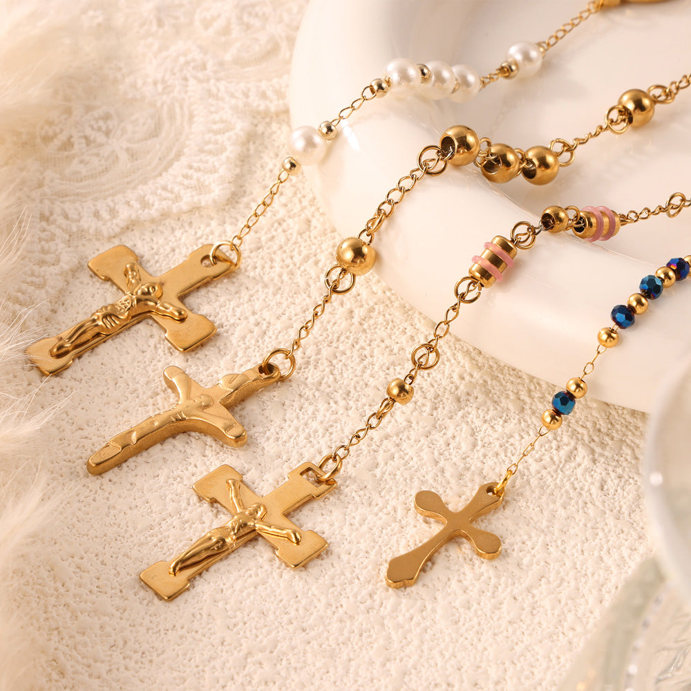 Retro Personality Hip Hop Niche Necklace Embossed Round Brand Fringe Cross Pendant Stainless Steel Gold Plated Jewelry