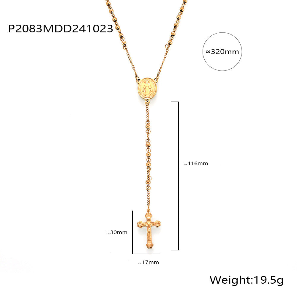 Retro Personality Hip Hop Niche Necklace Embossed Round Brand Fringe Cross Pendant Stainless Steel Gold Plated Jewelry