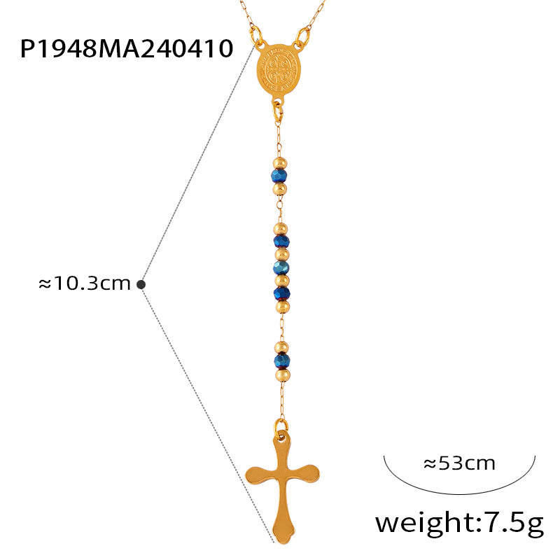 Retro Personality Hip Hop Niche Necklace Embossed Round Brand Fringe Cross Pendant Stainless Steel Gold Plated Jewelry