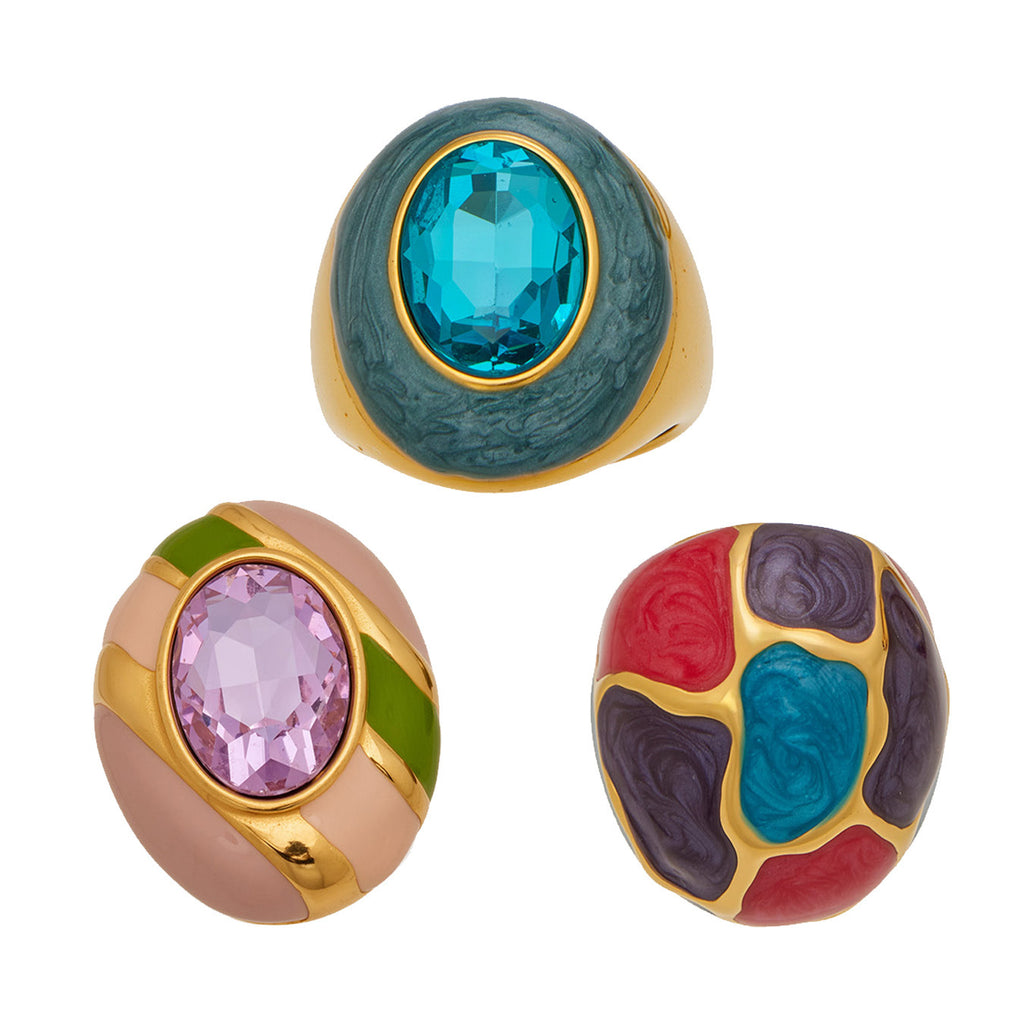 Fashion Class Stainless Steel Ring Waterproof 18K Gold Plated Not Easy to Fade Enamel