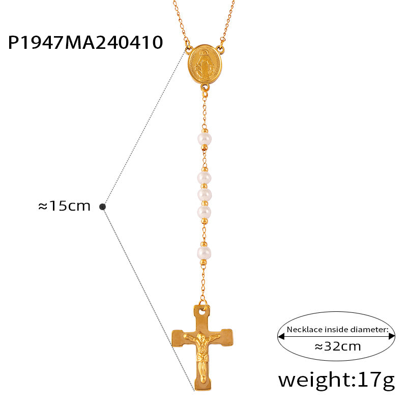 Retro Personality Hip Hop Niche Necklace Embossed Round Brand Fringe Cross Pendant Stainless Steel Gold Plated Jewelry