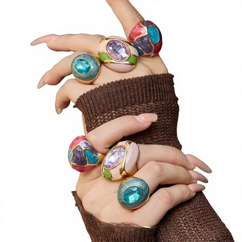 Fashion Class Stainless Steel Ring Waterproof 18K Gold Plated Not Easy to Fade Enamel