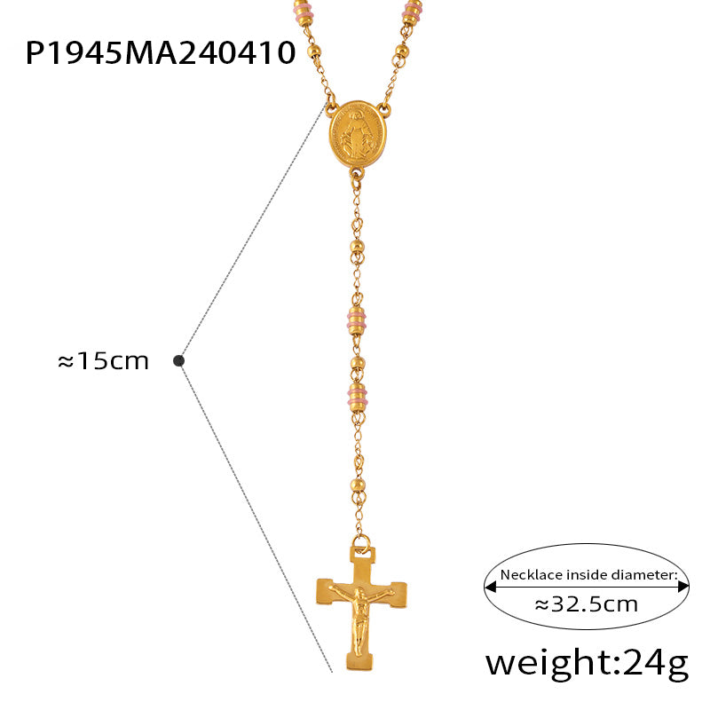 Retro Personality Hip Hop Niche Necklace Embossed Round Brand Fringe Cross Pendant Stainless Steel Gold Plated Jewelry