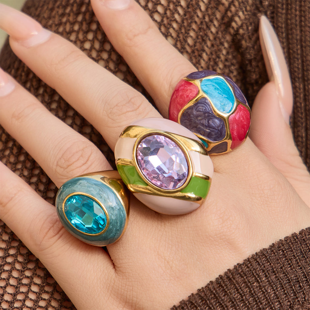 Fashion Class Stainless Steel Ring Waterproof 18K Gold Plated Not Easy to Fade Enamel