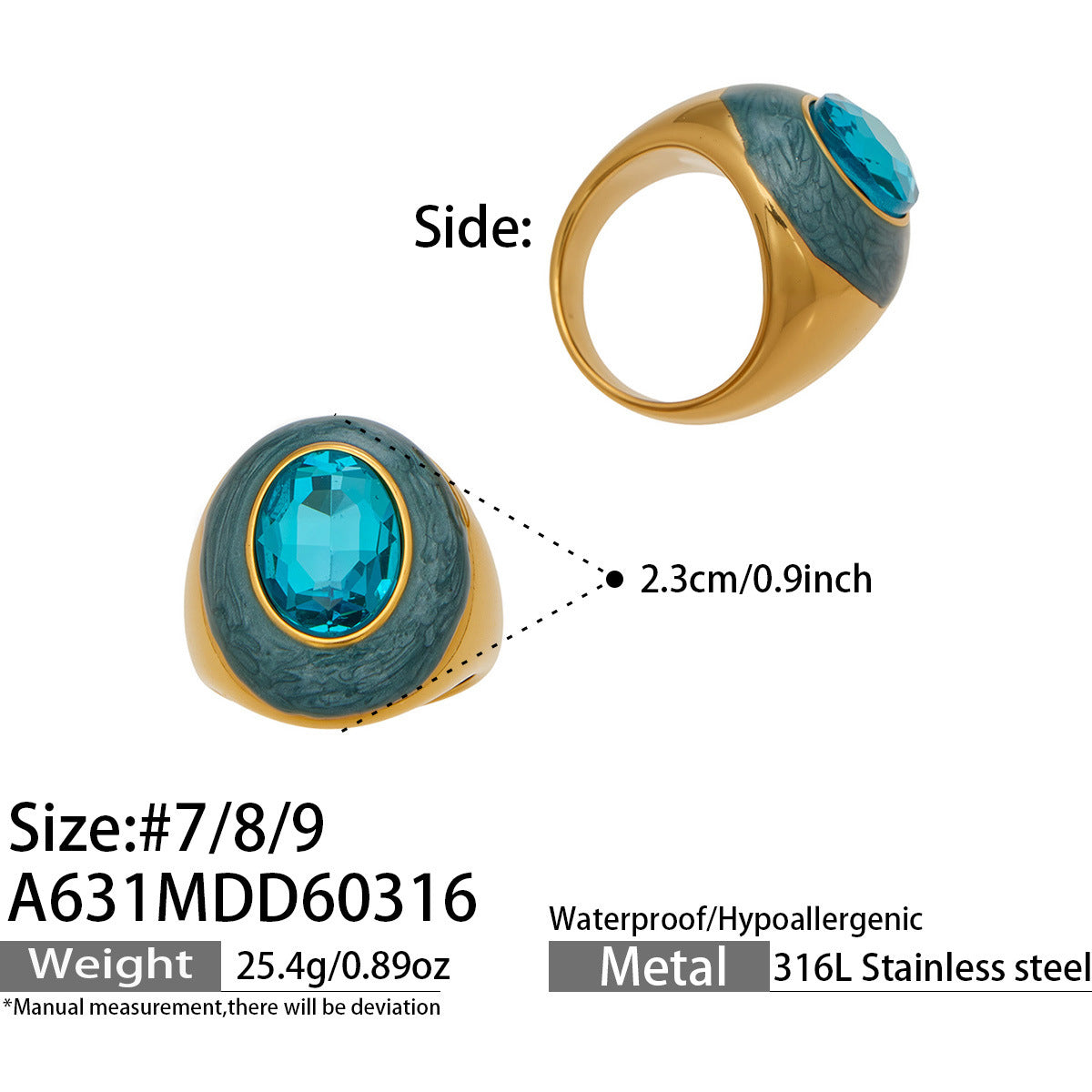 Fashion Class Stainless Steel Ring Waterproof 18K Gold Plated Not Easy to Fade Enamel