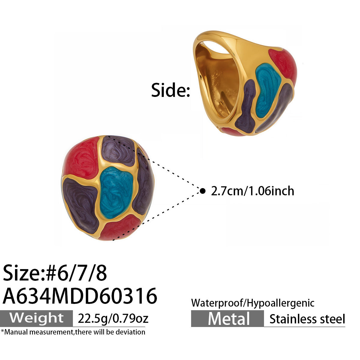 Fashion Class Stainless Steel Ring Waterproof 18K Gold Plated Not Easy to Fade Enamel