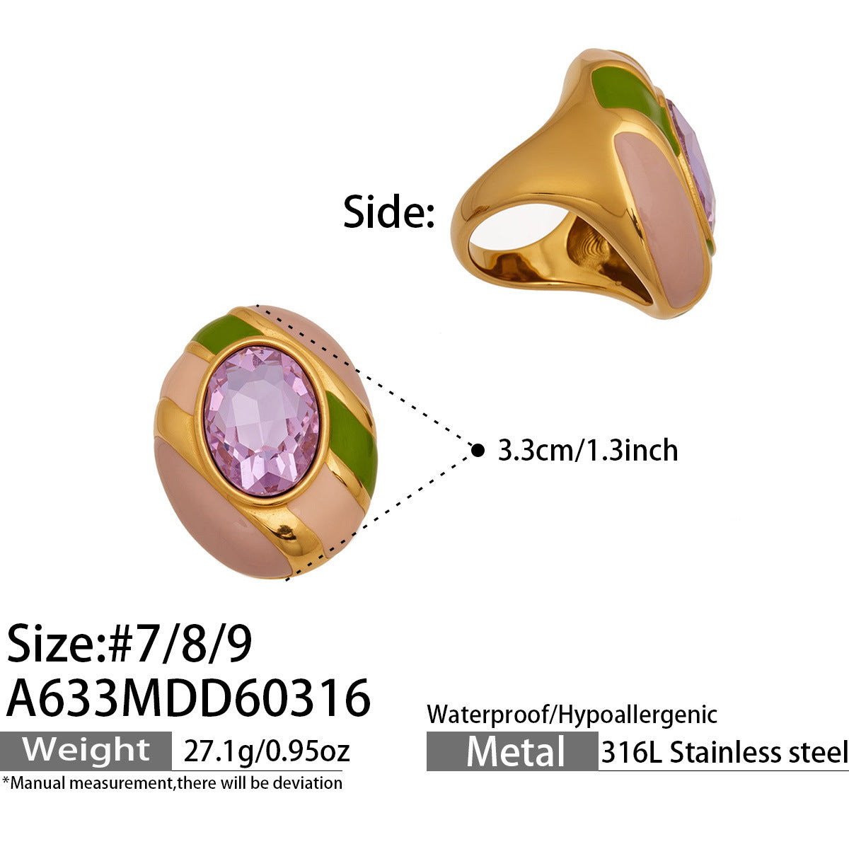 Fashion Class Stainless Steel Ring Waterproof 18K Gold Plated Not Easy to Fade Enamel