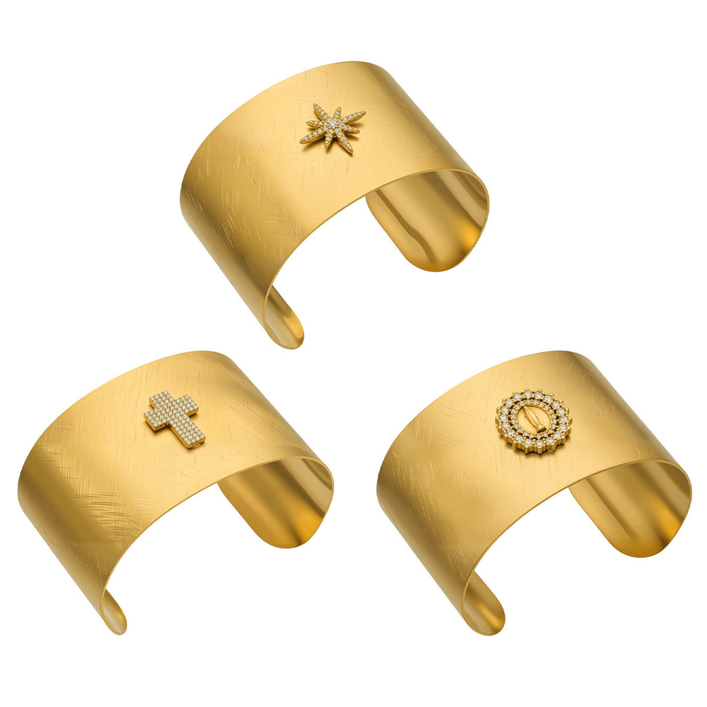 Classic 18K Gold Plated Stainless Steel 5A Cubic Zirconia Cross Cuff Chunky Open Bangle for  Punk Hip Hop Statement Jewelry