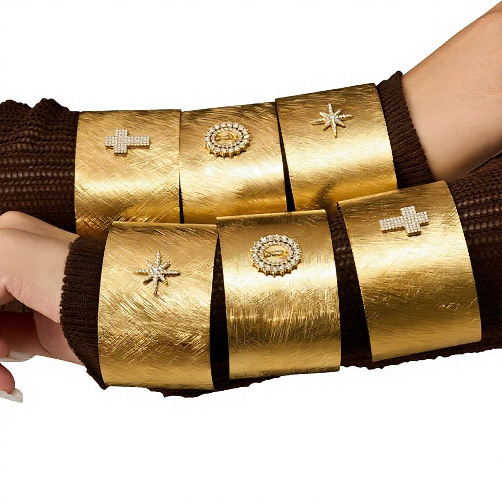 Classic 18K Gold Plated Stainless Steel 5A Cubic Zirconia Cross Cuff Chunky Open Bangle for  Punk Hip Hop Statement Jewelry