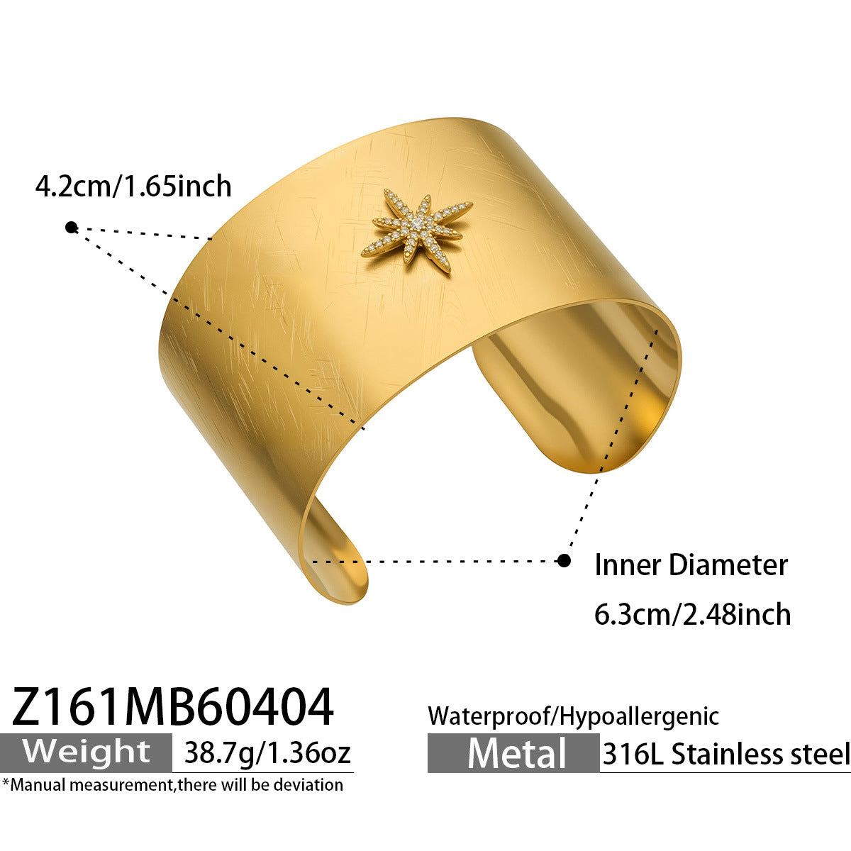 Classic 18K Gold Plated Stainless Steel 5A Cubic Zirconia Cross Cuff Chunky Open Bangle for  Punk Hip Hop Statement Jewelry