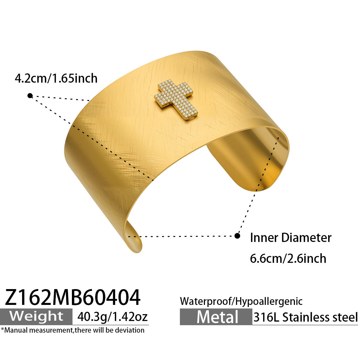 Classic 18K Gold Plated Stainless Steel 5A Cubic Zirconia Cross Cuff Chunky Open Bangle for  Punk Hip Hop Statement Jewelry