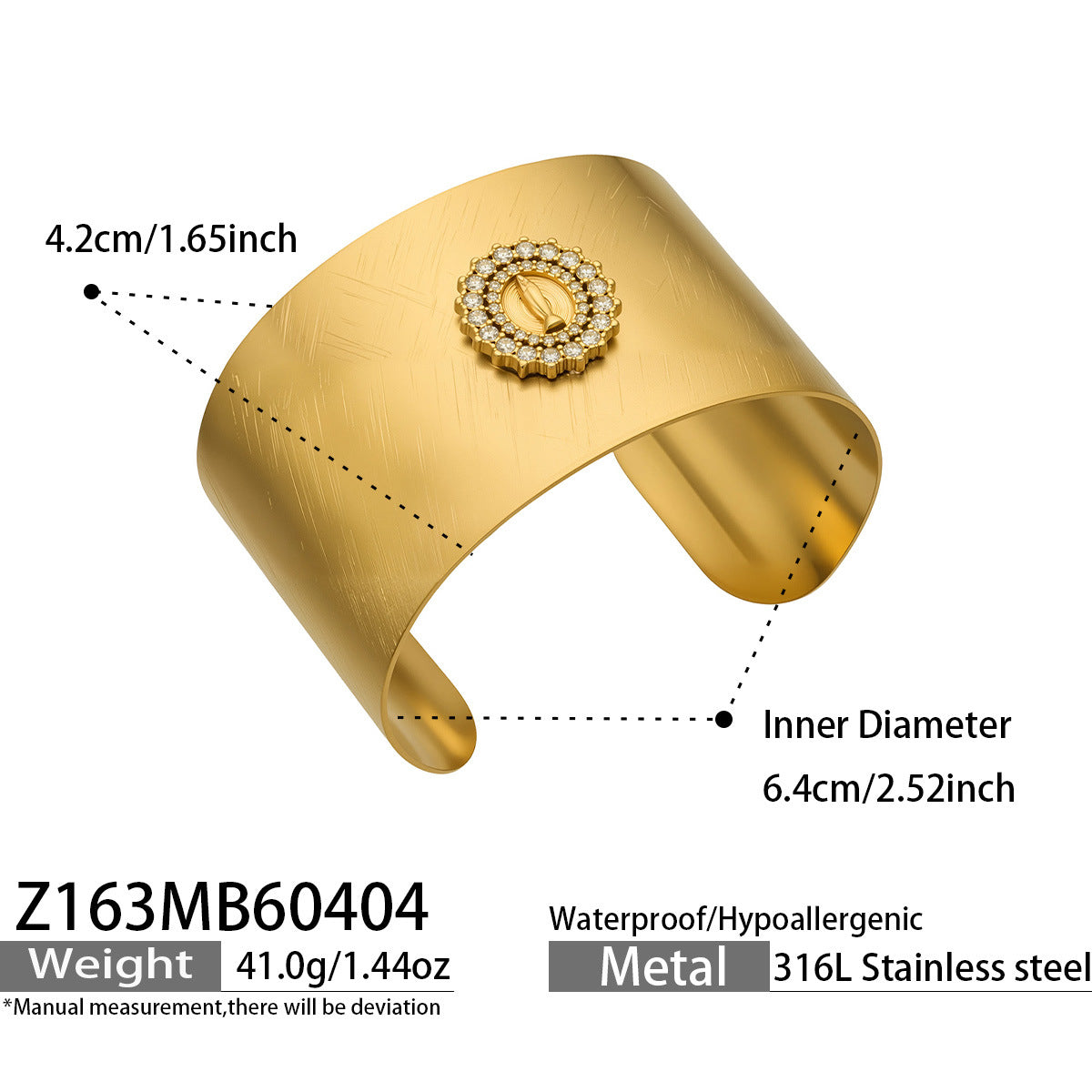 Classic 18K Gold Plated Stainless Steel 5A Cubic Zirconia Cross Cuff Chunky Open Bangle for  Punk Hip Hop Statement Jewelry