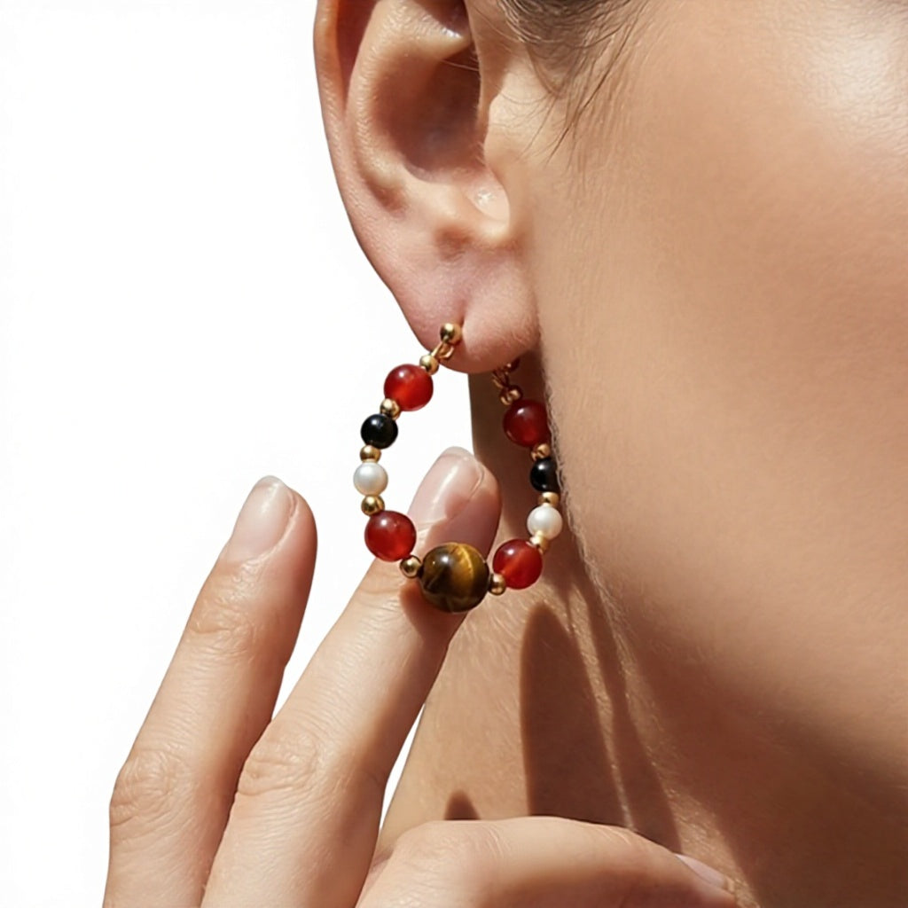 New Classic Tiger Eye Pearl Hoop Earrings  18K Gold Stainless Steel Vintage Retro for Women