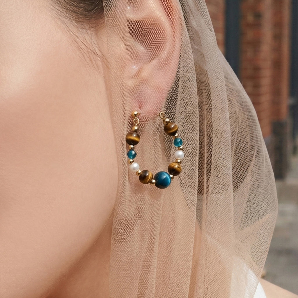 New Classic Tiger Eye Pearl Hoop Earrings  18K Gold Stainless Steel Vintage Retro for Women