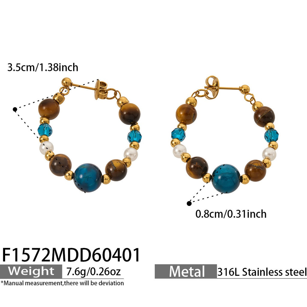 New Classic Tiger Eye Pearl Hoop Earrings  18K Gold Stainless Steel Vintage Retro for Women