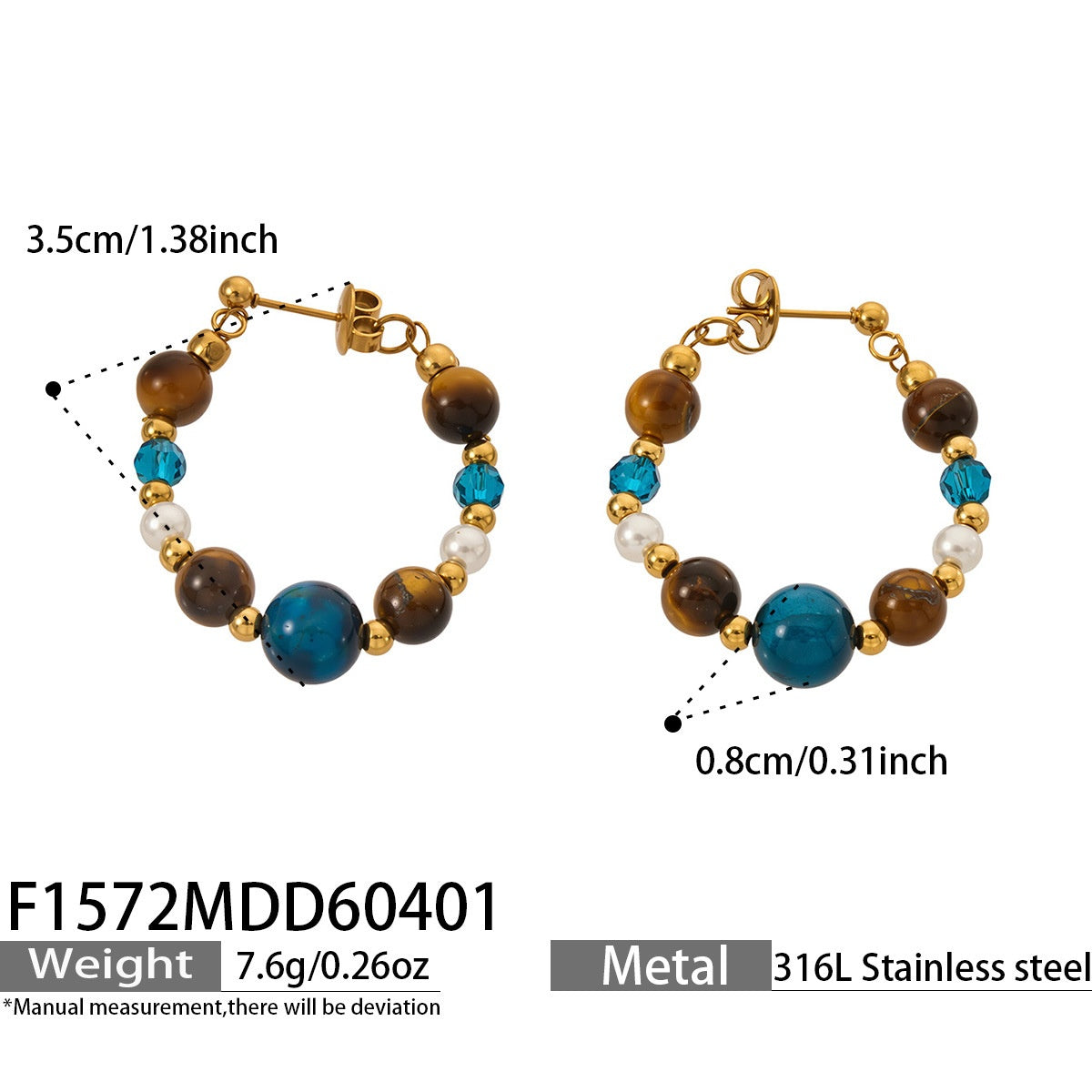 New Classic Tiger Eye Pearl Hoop Earrings  18K Gold Stainless Steel Vintage Retro for Women