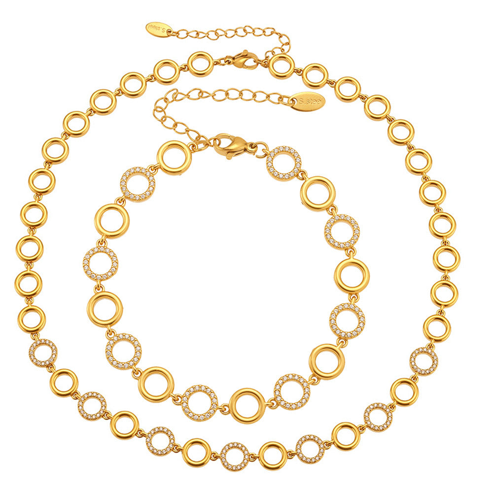 Circle Zirconia Jewelry Set Stainless Steel Necklace and Bracelet for Women
