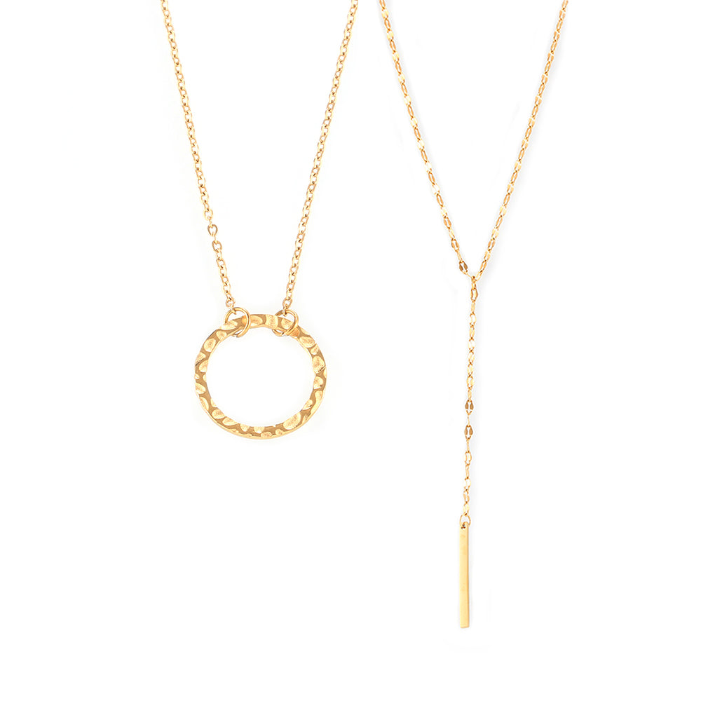 Simple Geometric Elements Ring Pendant Y Tassel Necklace Can Be Folded Cold Wind Titanium Steel Gold Plated Necklace