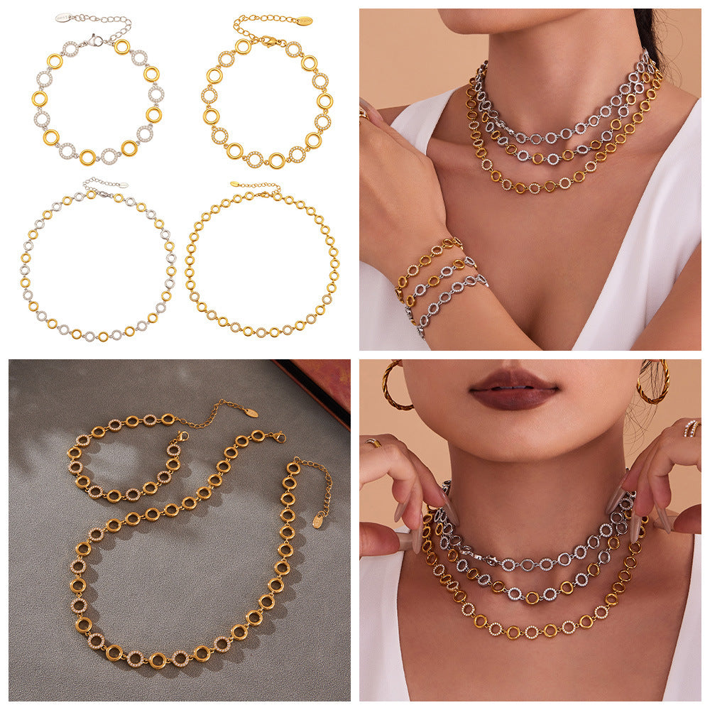 Circle Zirconia Jewelry Set Stainless Steel Necklace and Bracelet for Women