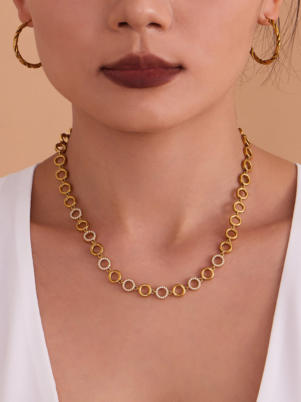 Circle Zirconia Jewelry Set Stainless Steel Necklace and Bracelet for Women