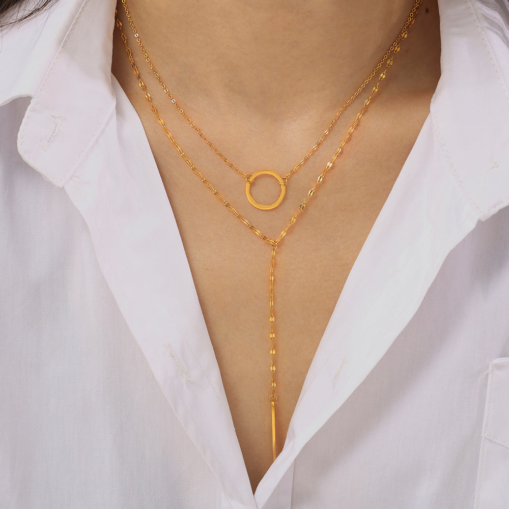 Simple Geometric Elements Ring Pendant Y Tassel Necklace Can Be Folded Cold Wind Titanium Steel Gold Plated Necklace