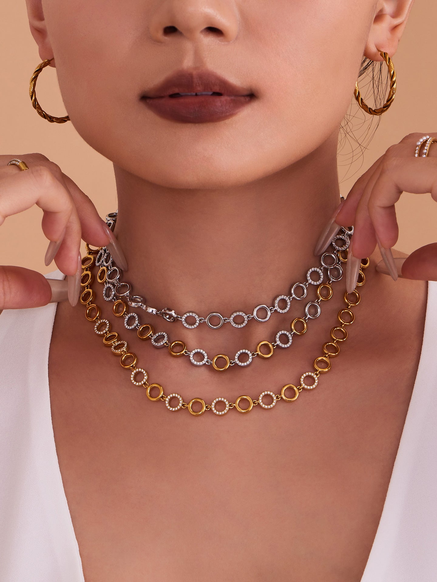 Circle Zirconia Jewelry Set Stainless Steel Necklace and Bracelet for Women
