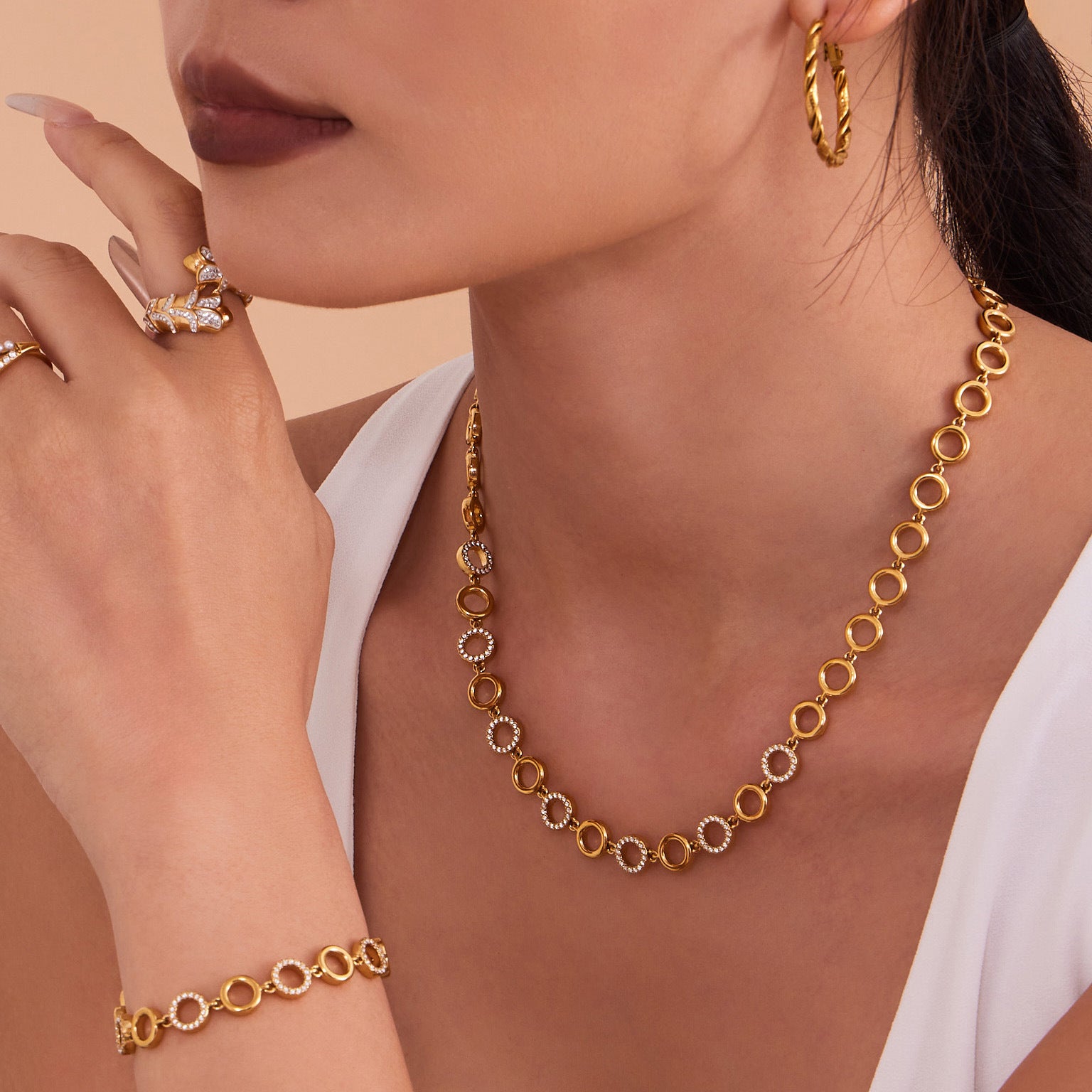 Circle Zirconia Jewelry Set Stainless Steel Necklace and Bracelet for Women