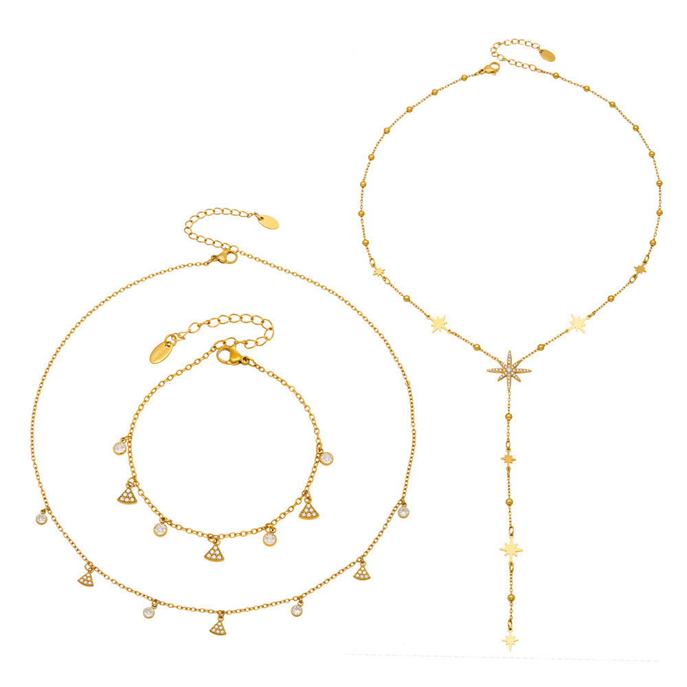 Luxury Shiny Zircon Star of David Y Choker Necklace Set Waterproof Stainless Steel Layered Jewelry Set Wholesale