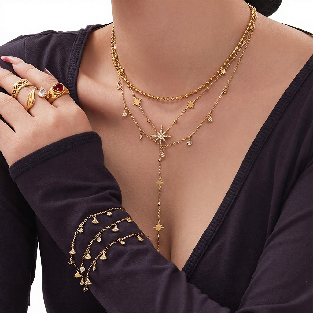 Luxury Shiny Zircon Star of David Y Choker Necklace Set Waterproof Stainless Steel Layered Jewelry Set Wholesale