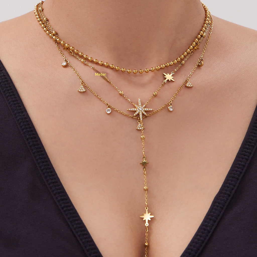 Luxury Shiny Zircon Star of David Y Choker Necklace Set Waterproof Stainless Steel Layered Jewelry Set Wholesale