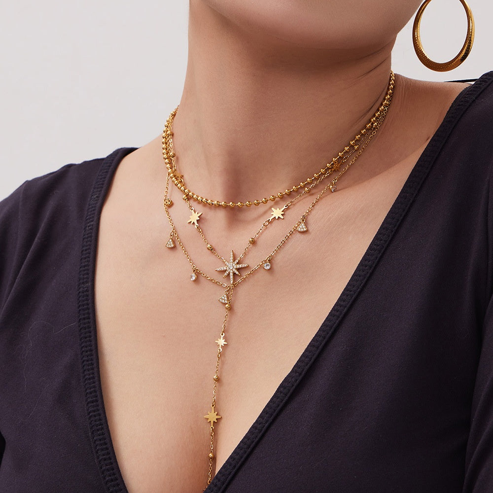 Luxury Shiny Zircon Star of David Y Choker Necklace Set Waterproof Stainless Steel Layered Jewelry Set Wholesale
