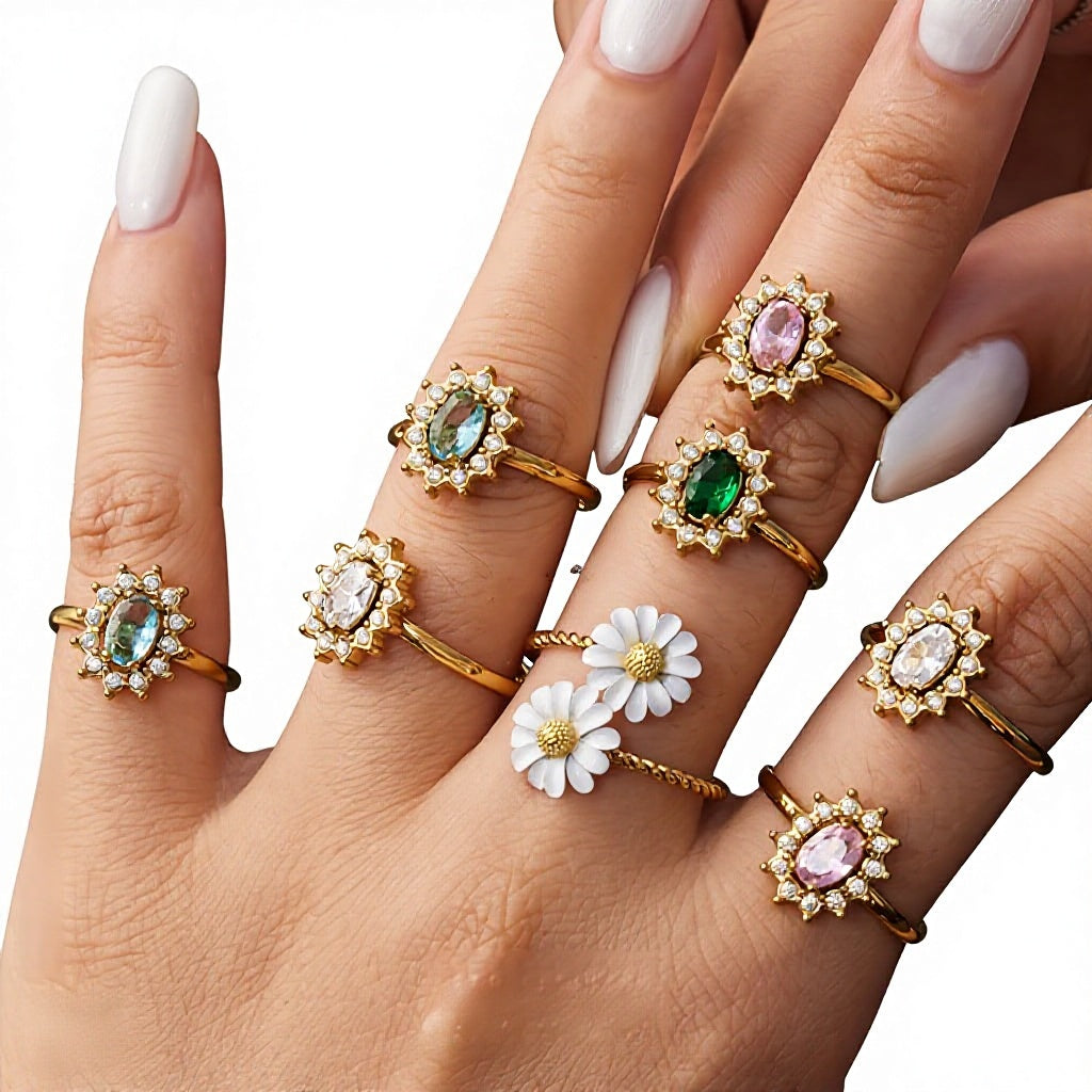 Fashion Stainless Steel Colorful Enamel Flower Open Ring for Women 18K Gold Plated Luxury Jewelry