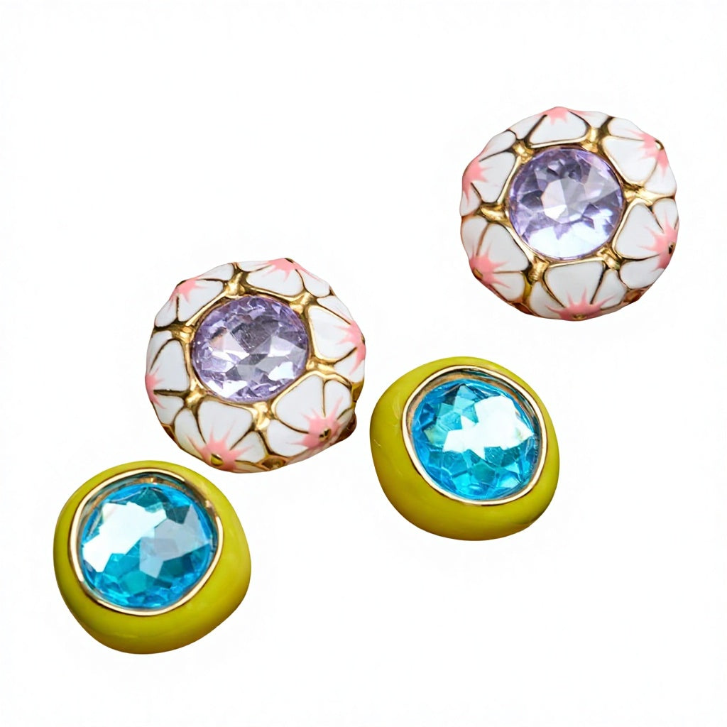 European American Vintage Enamel Flower Ring for Women 18K Gold Plated Stainless Steel CZ Stone  Party Gift