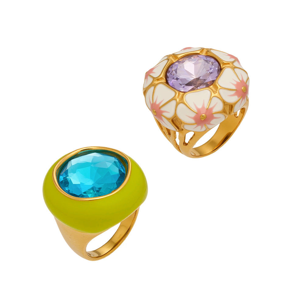 European American Vintage Enamel Flower Ring for Women 18K Gold Plated Stainless Steel CZ Stone  Party Gift